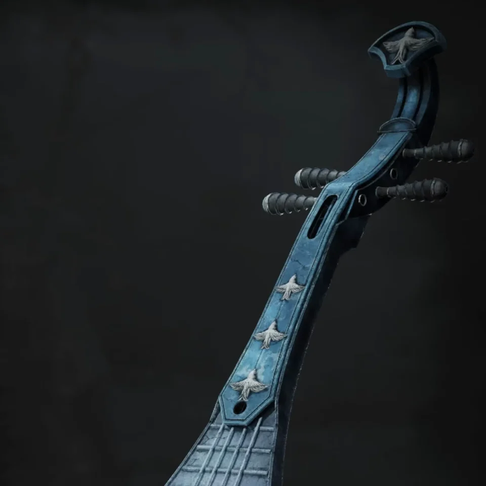 A blue long-necked lute on a dark menu background.