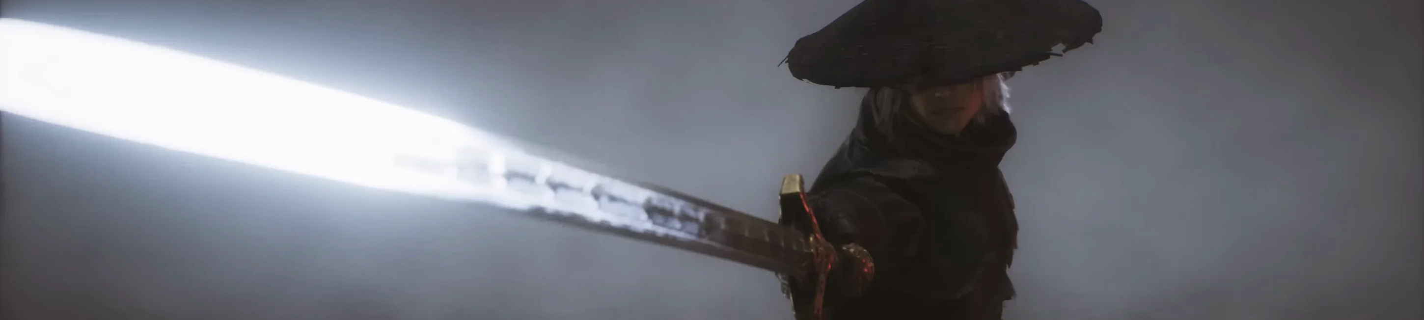 In grey mist, a figure in a wide straw hat holds out a long sword whose blade glows white.