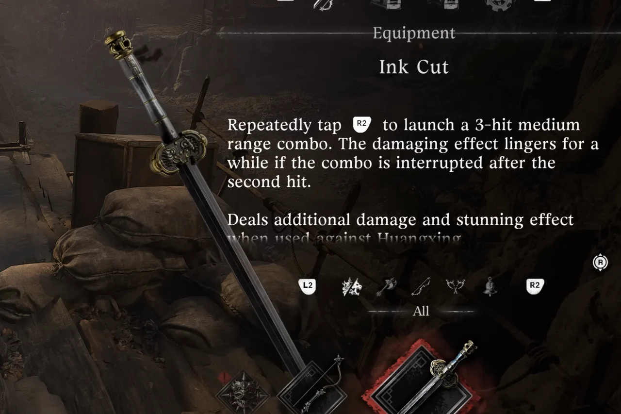 A thin sword with a dark hilt beside an equipment panel.
