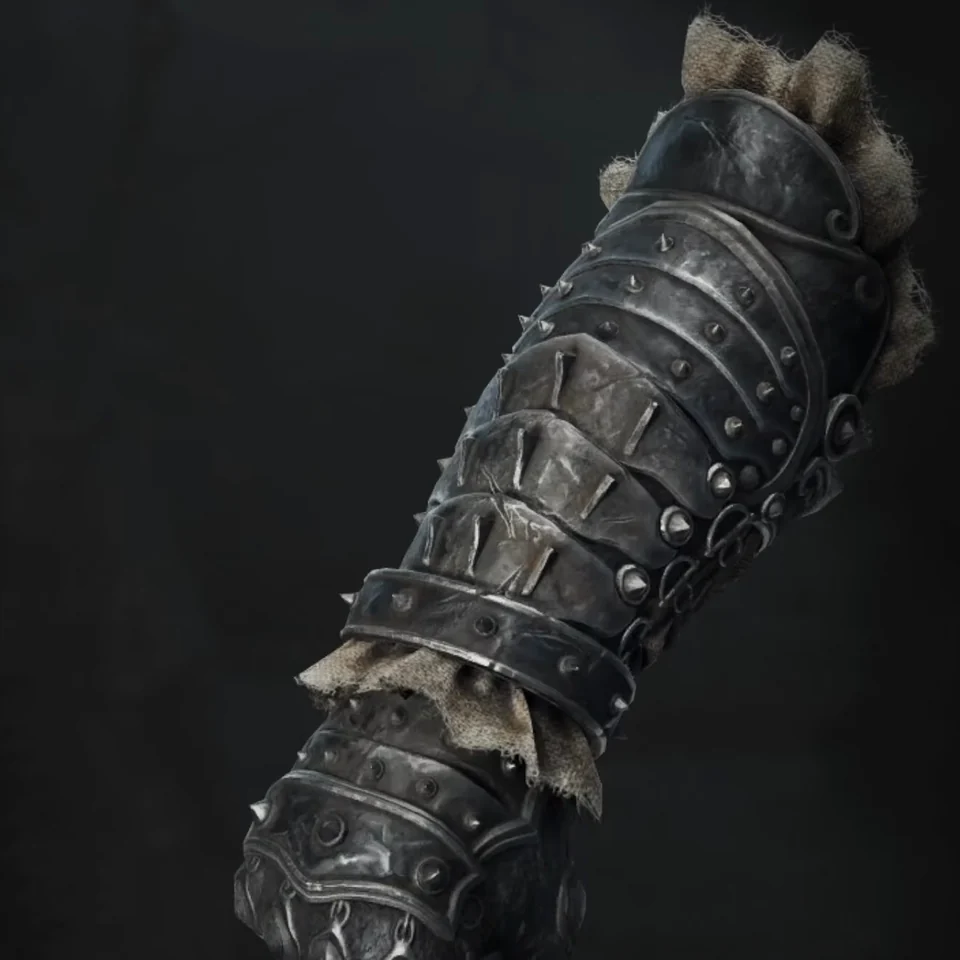A segmented iron gauntlet on a dark menu background.