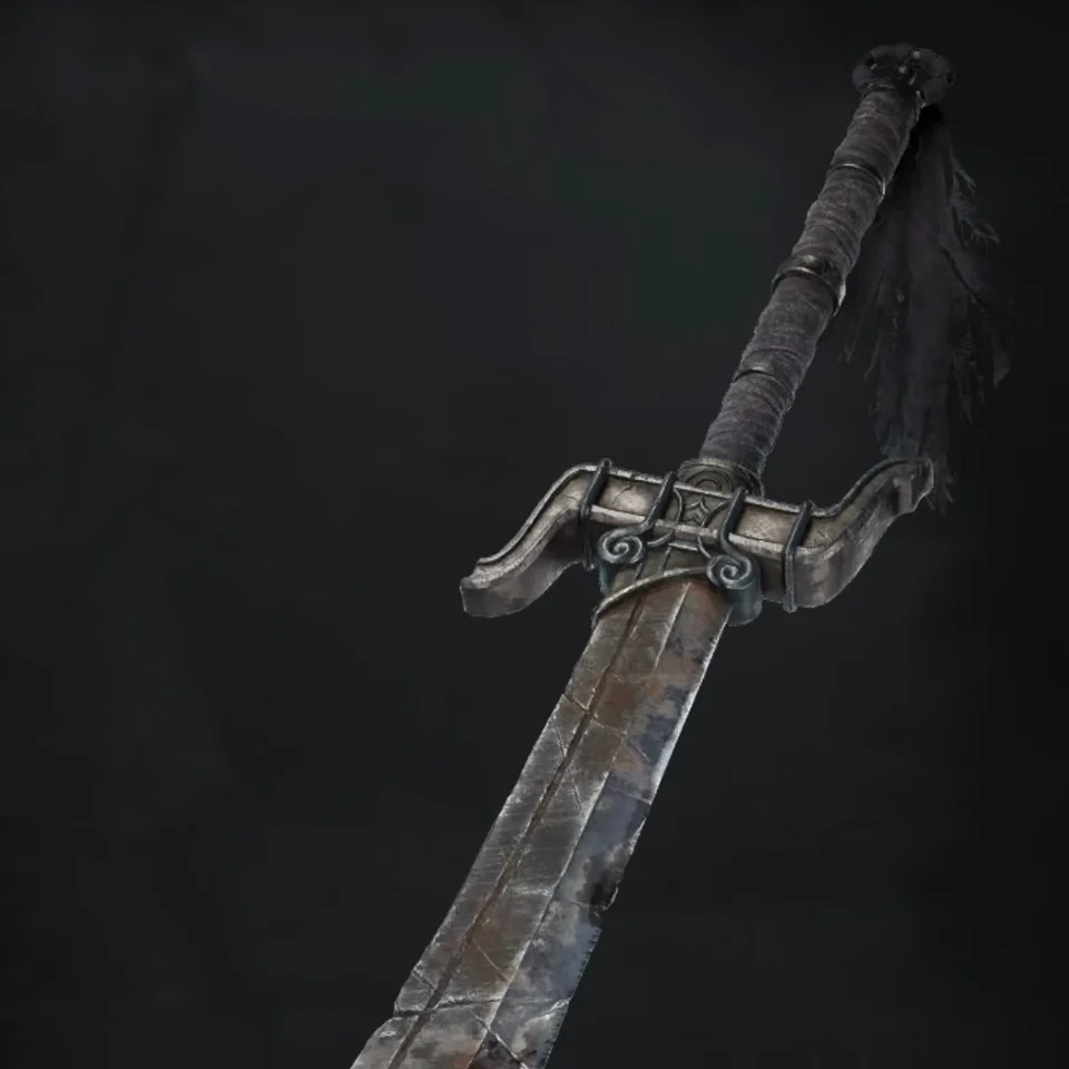 A broad, notched blade with ragged wrapping on a dark menu background.