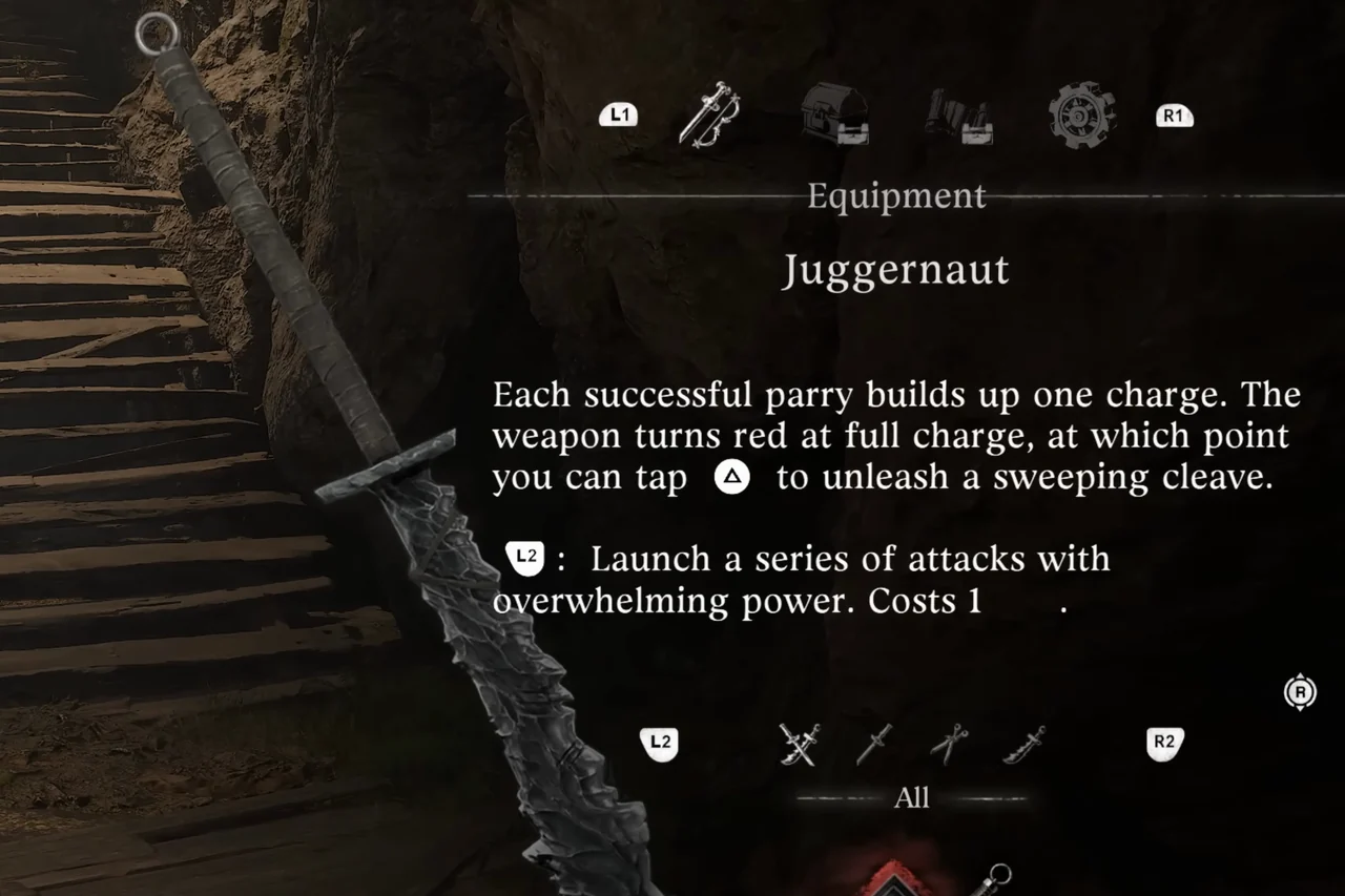 A long polearm blade with a jagged back beside an equipment panel.