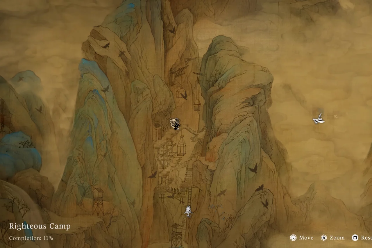 An ochre ink-wash map of cliffs; the map name “Righteous Camp” at lower left.