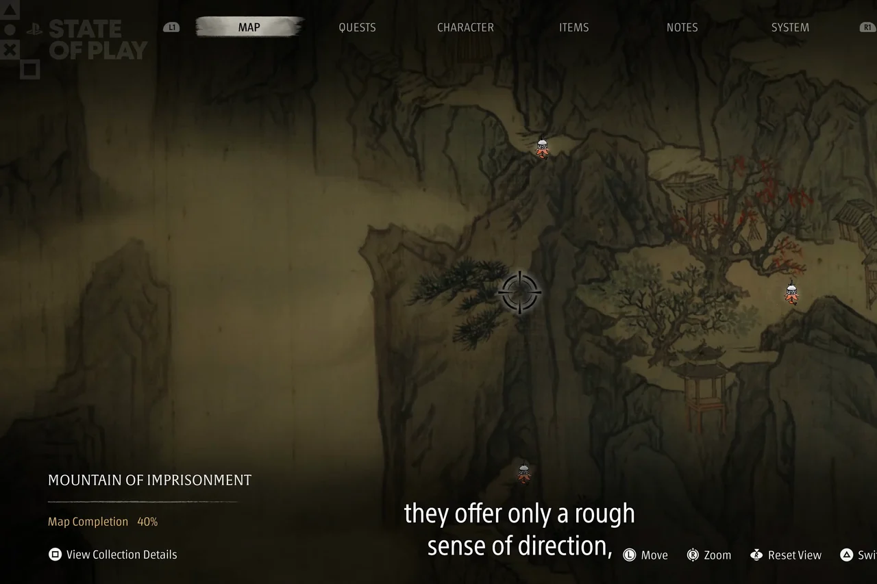 A dark ink-wash map of cliffs; the map name “MOUNTAIN OF IMPRISONMENT” at lower left.