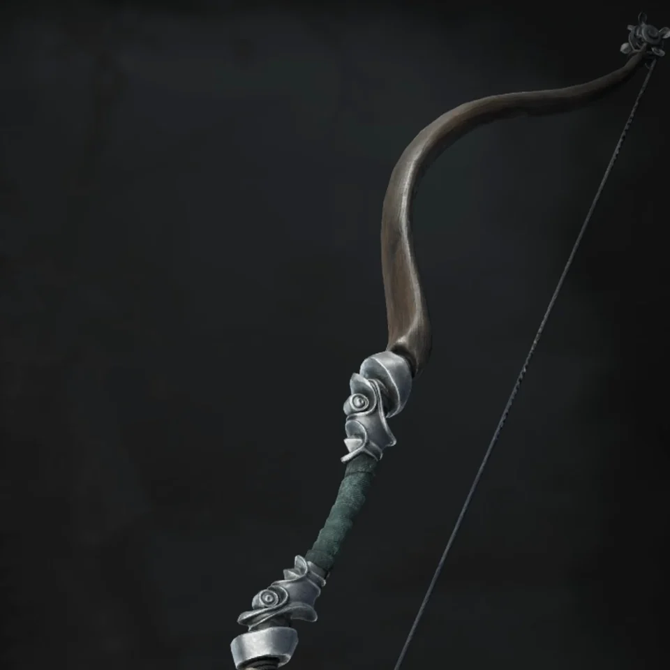 A strung longbow on a dark menu background.