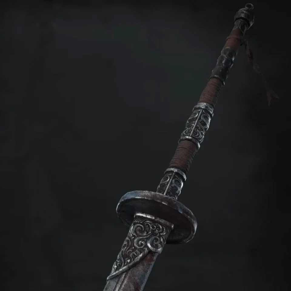 A long-hafted broad blade on a dark menu background.