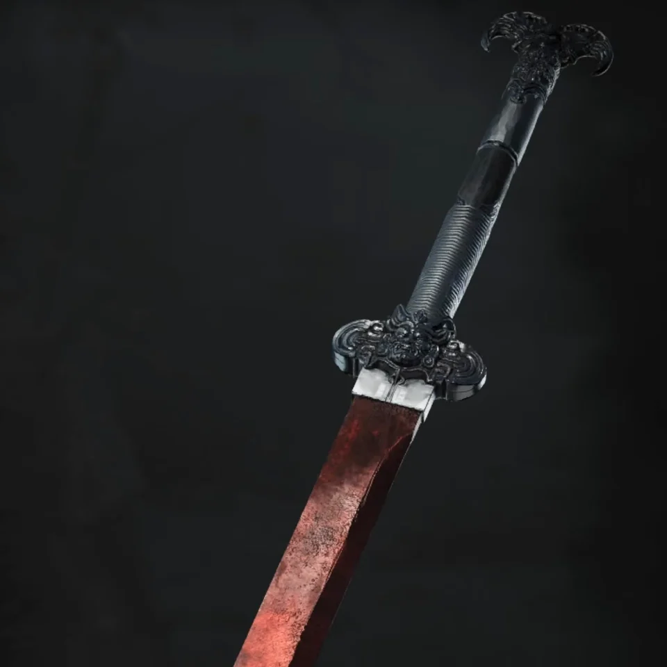 A long sword, blood red along the blade, on a dark menu background.