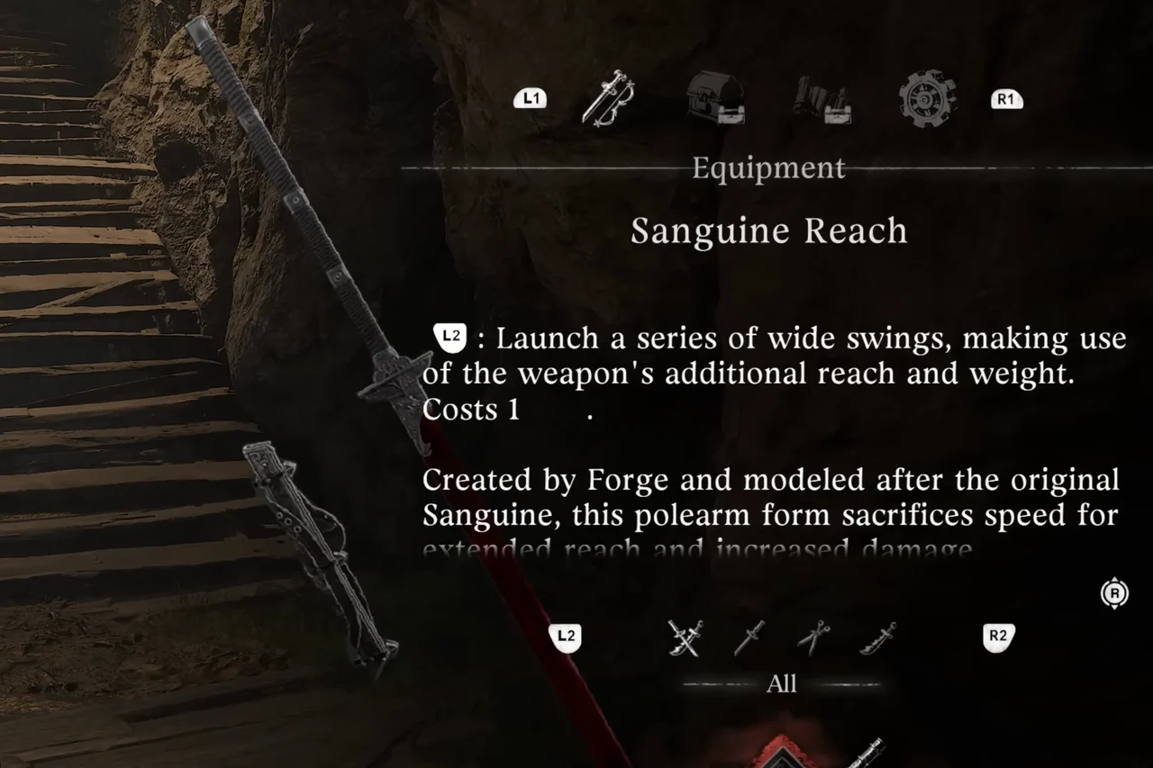 A long red-hilted polearm blade beside an equipment panel.