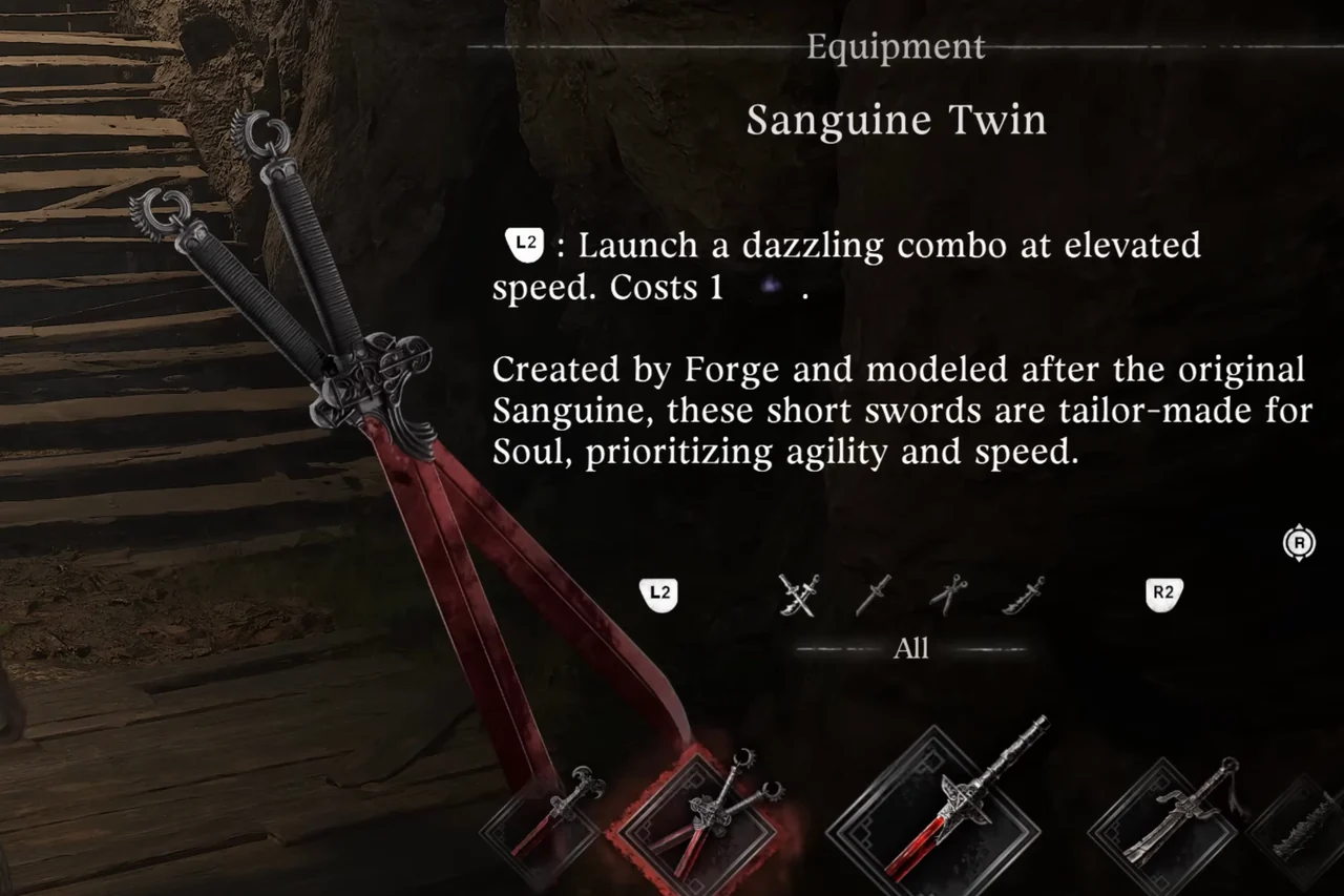 Two short swords with long red tassels beside an equipment panel.