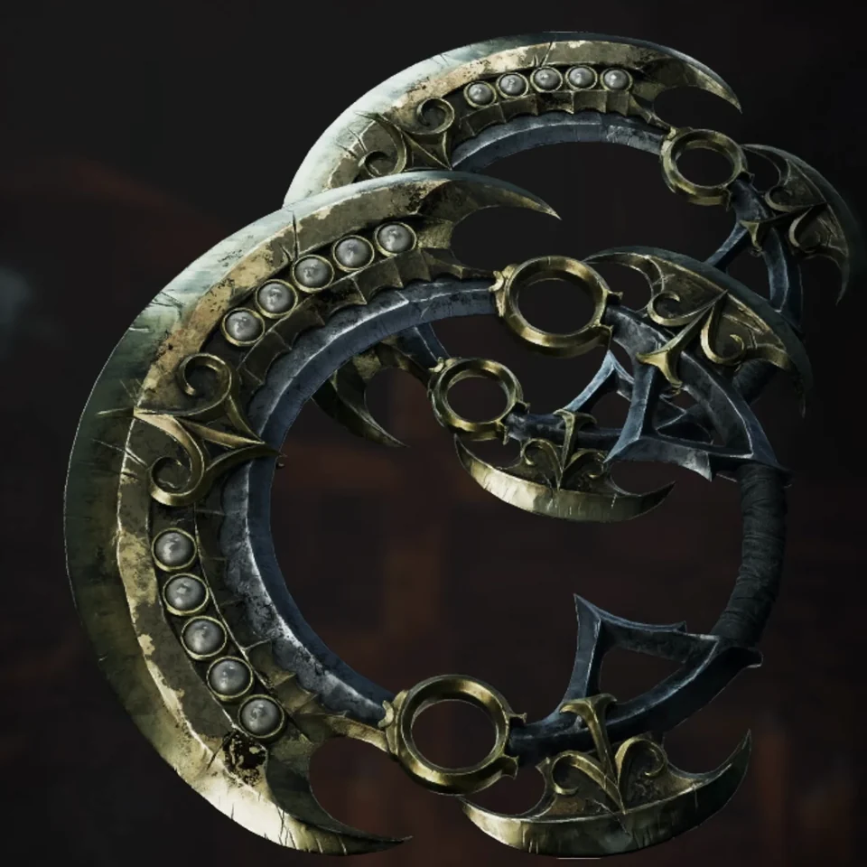 Two ring-shaped blades on a dark upgrade screen.