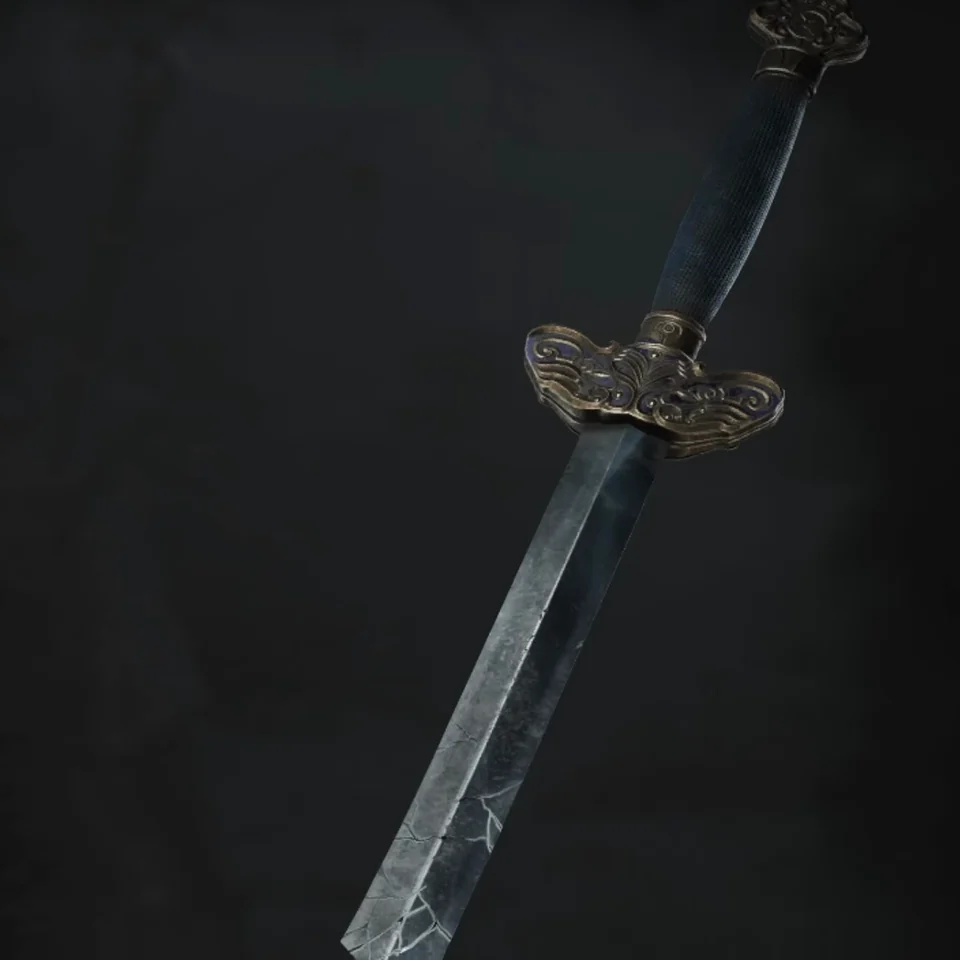 A long, cracked sword with a gilded guard on a dark menu background.