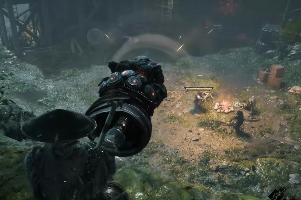 Seen from behind, a figure raises a tube-shaped weapon on a mossy mountain path.