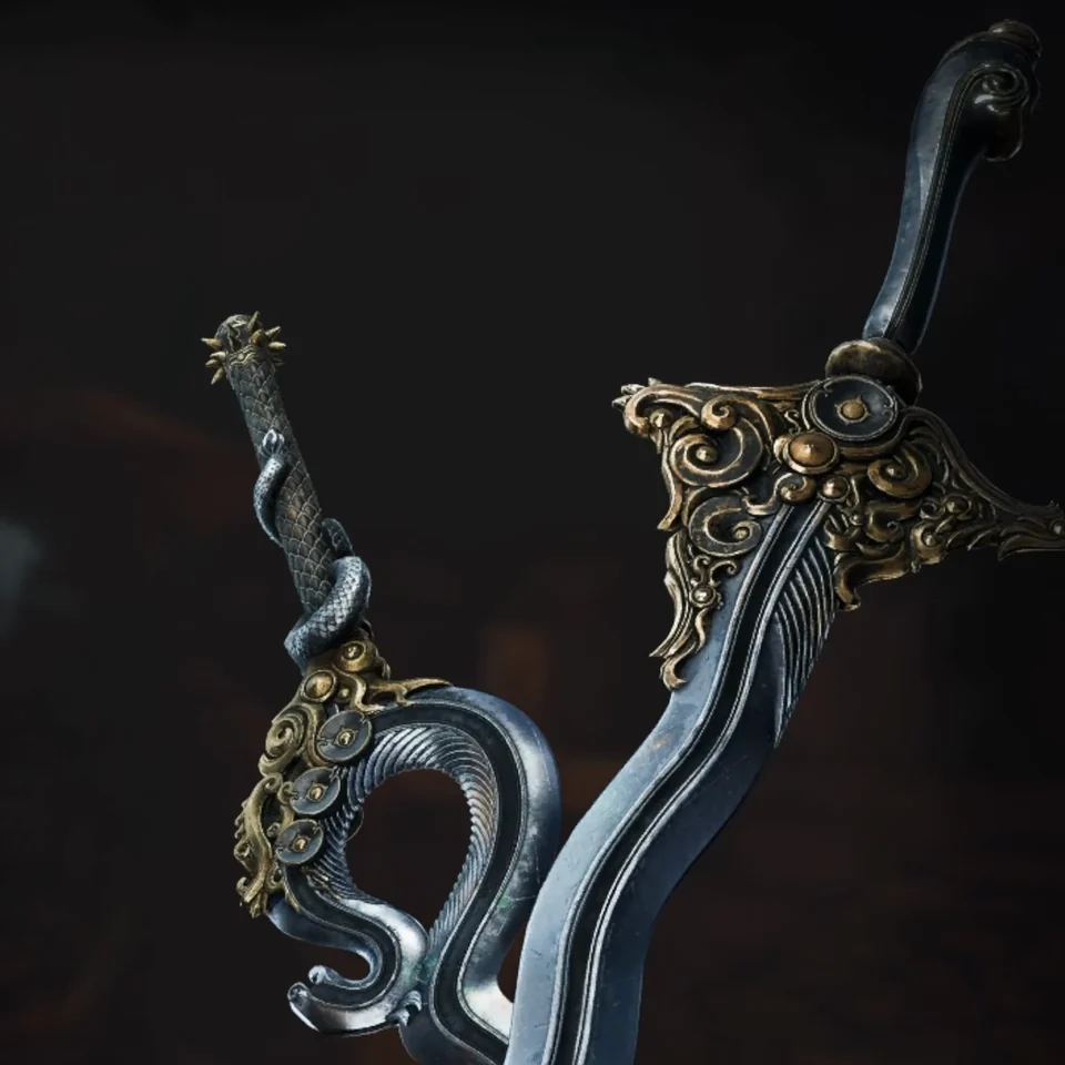 A long wavy blade and a short curved blade on a dark upgrade screen.