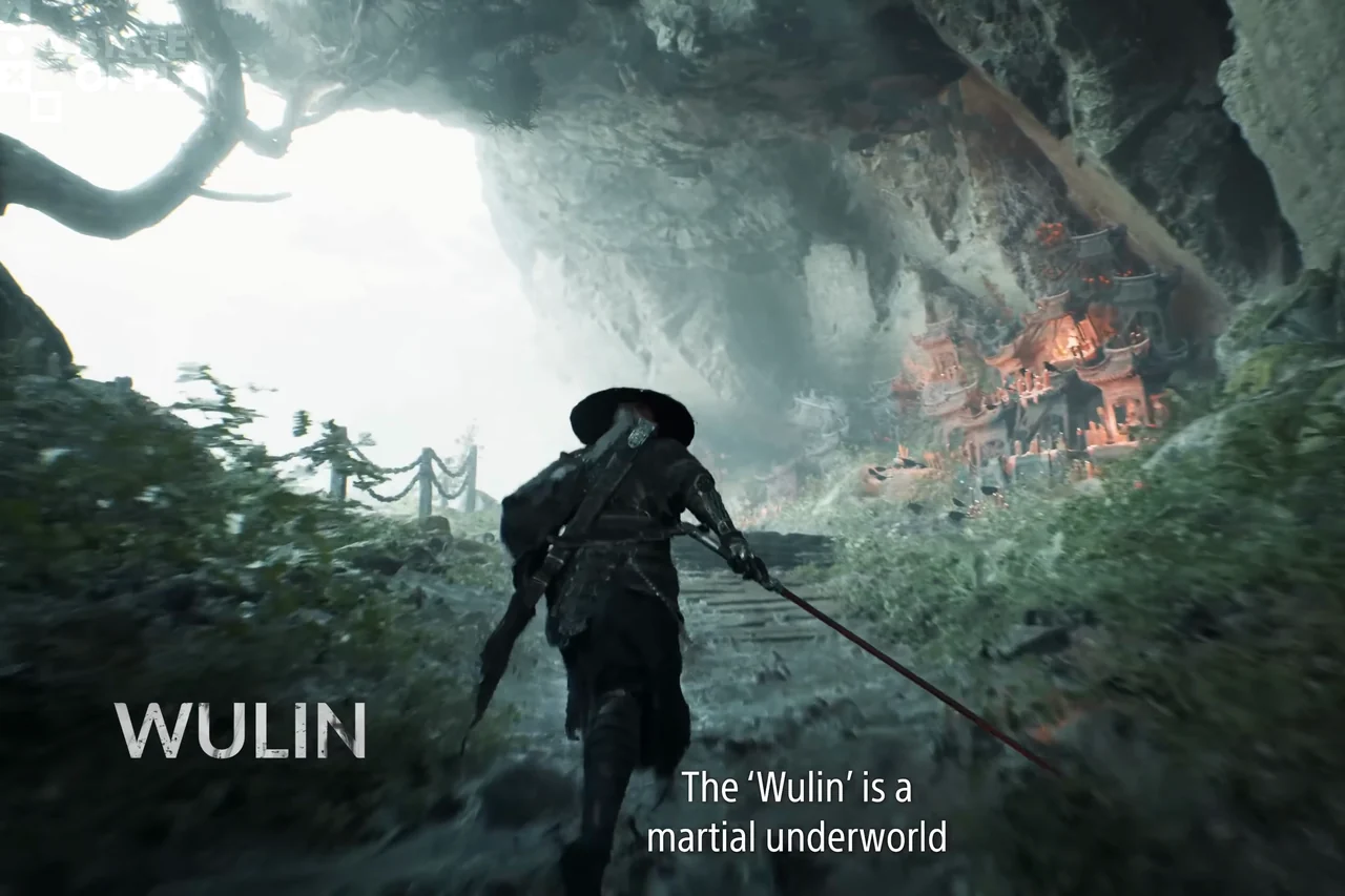 A figure with a spear walks a misty cliff path toward a burning temple; the word “WULIN” on screen.