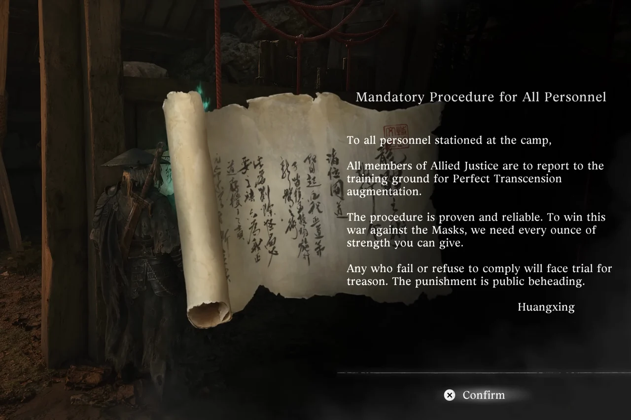 A paper scroll held up in a dark wooden camp, beside a printed order.