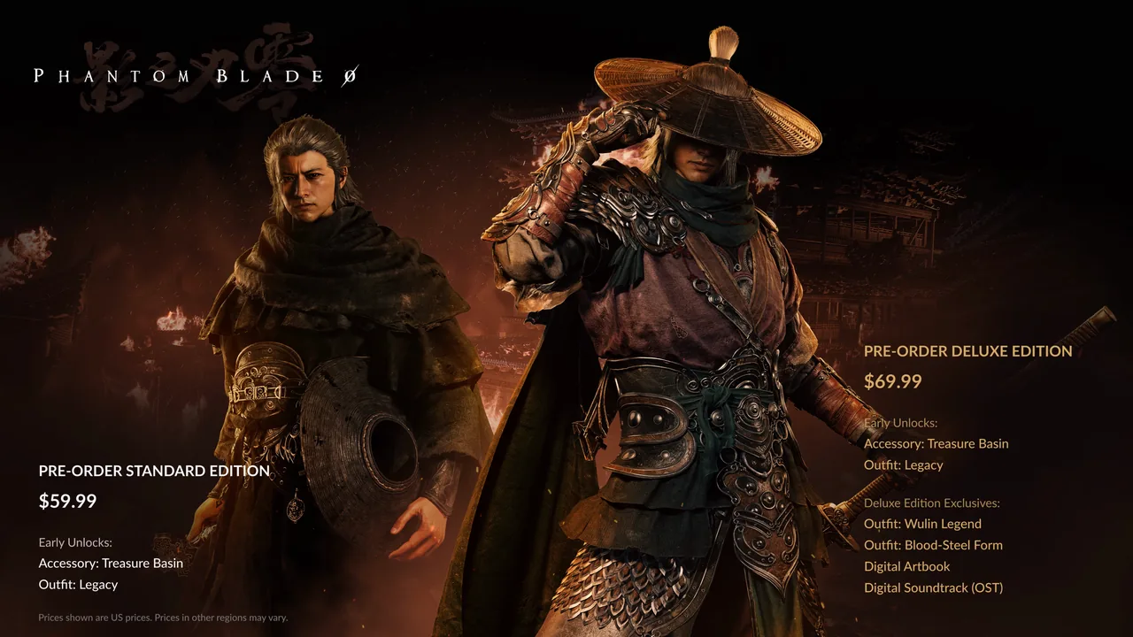 The edition card: two men before a burning hall, the Standard Edition and its price at the lower left, the Deluxe Edition, its price and its extra items at the right.
