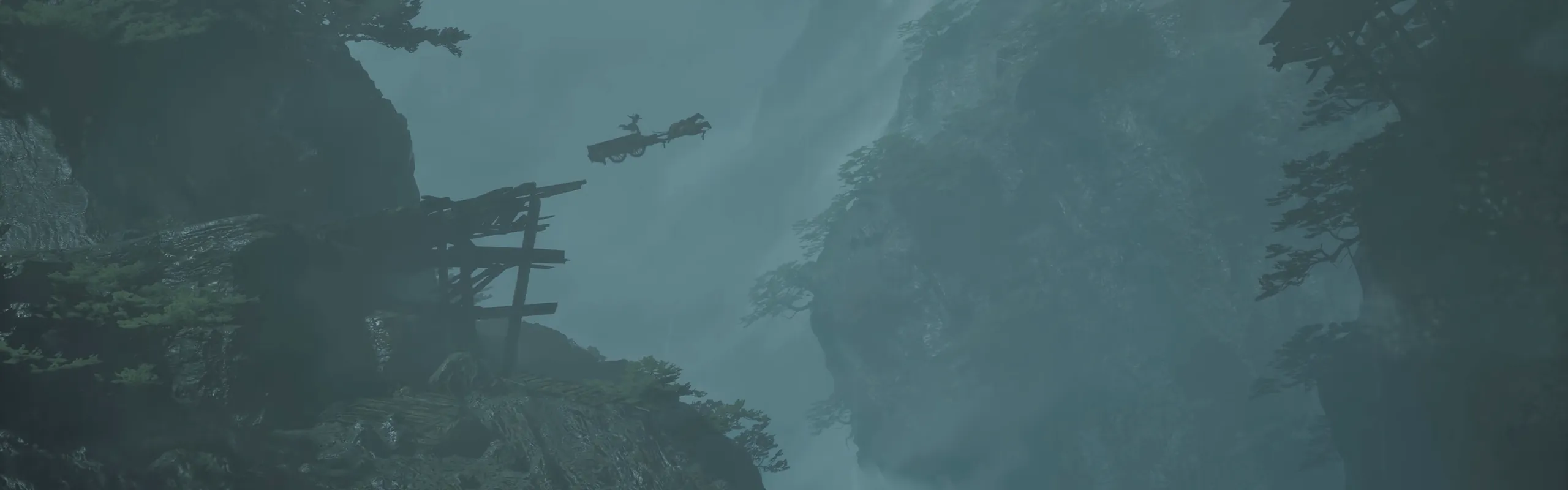 A horse-drawn cart flies through the air above a misty mountain valley, past a wooden structure on a cliff.