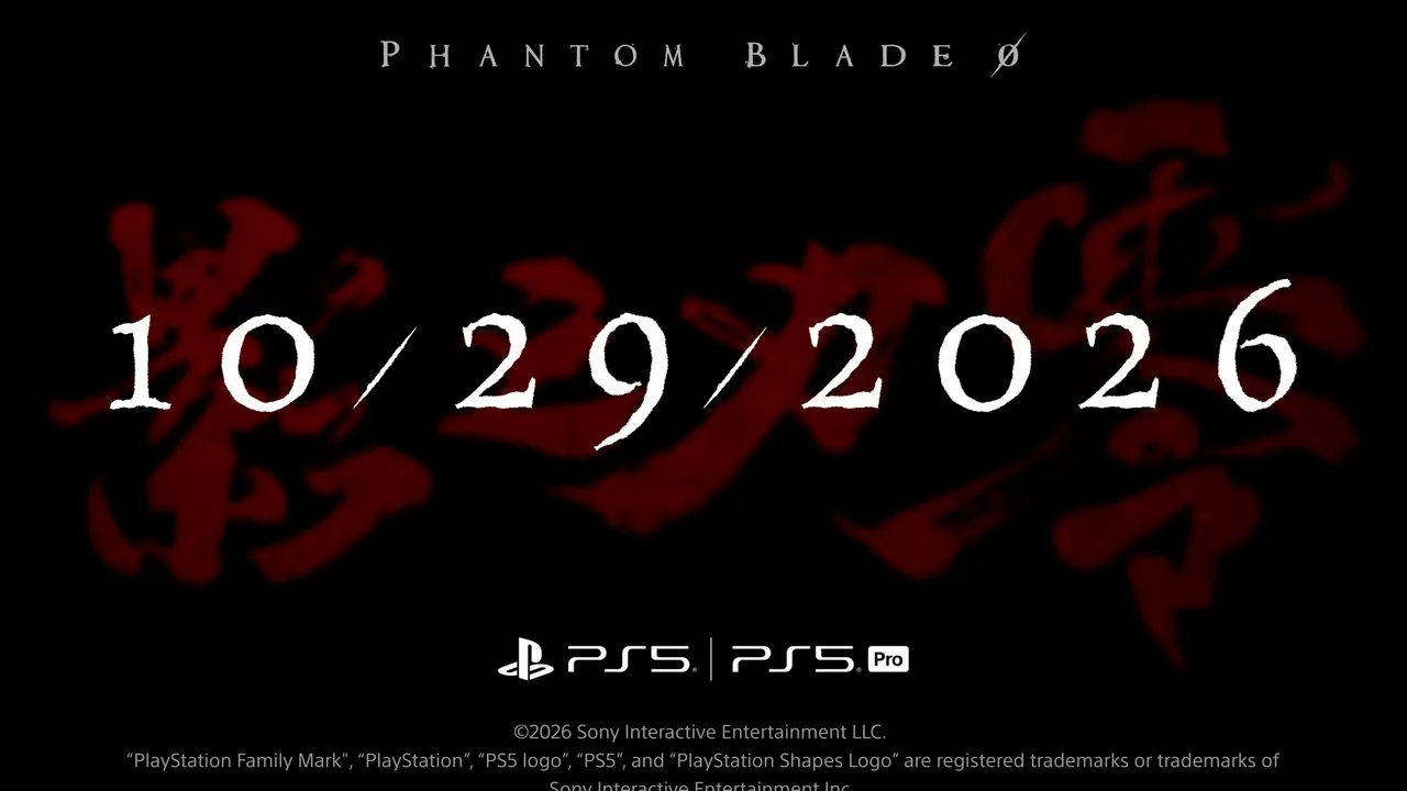 A black card with the Phantom Blade Zero wordmark, the date 10/29/2026 over red brush strokes, and the PS5 and PS5 Pro logos above a line of trademark text.