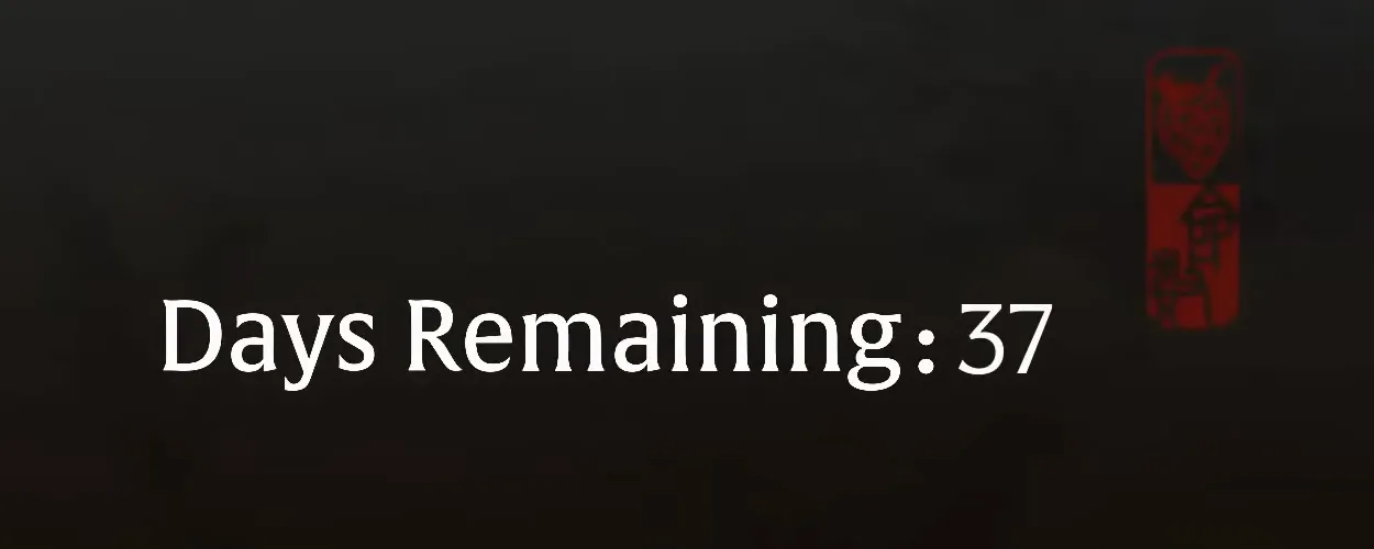 Days Remaining: 37, in white on a dark defeat screen, beside a small red seal.