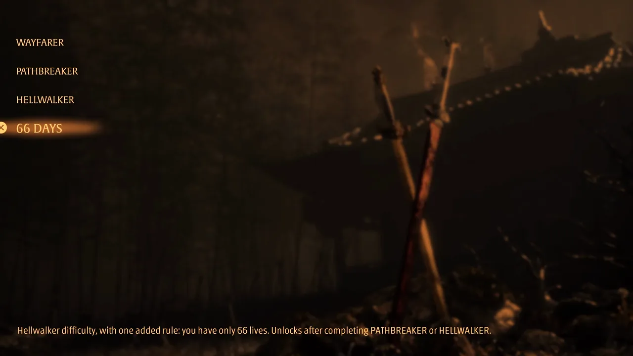The difficulty menu with 66 Days selected, over two crossed swords planted before a dark wooden building; a line of rule text at the bottom.