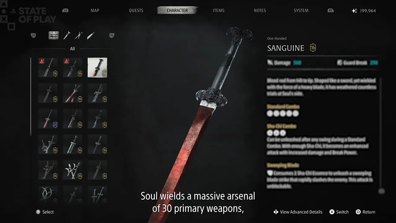 An equipment menu: a grid of weapon icons and a long red blade titled Sanguine.
