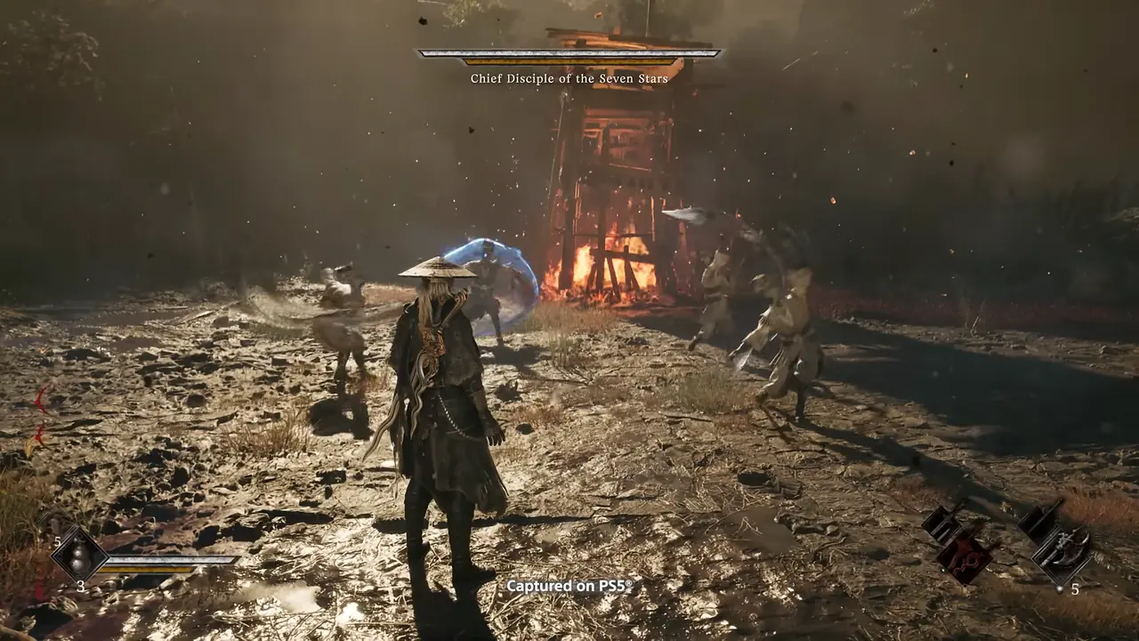 A fighter in a straw hat stands among white-robed figures; bars run under a name plate at the top and at the bottom left.
