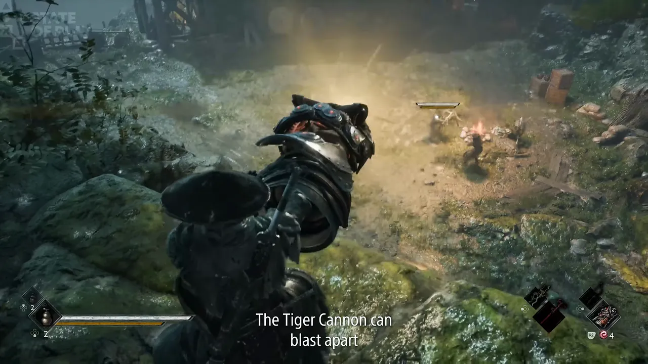 A fighter aims a beast-headed cannon down a slope at a distant fire.