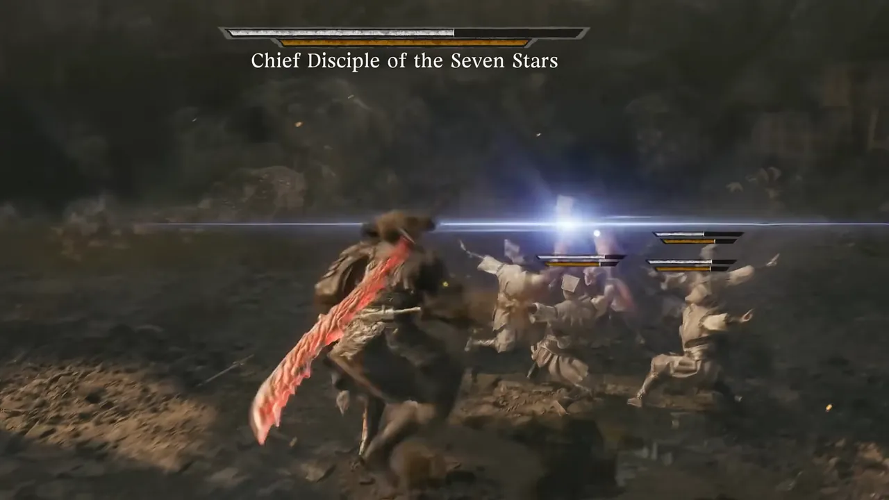 A bright blue star-shaped flash at one of several white-robed figures closing in on a fighter with a red blade.
