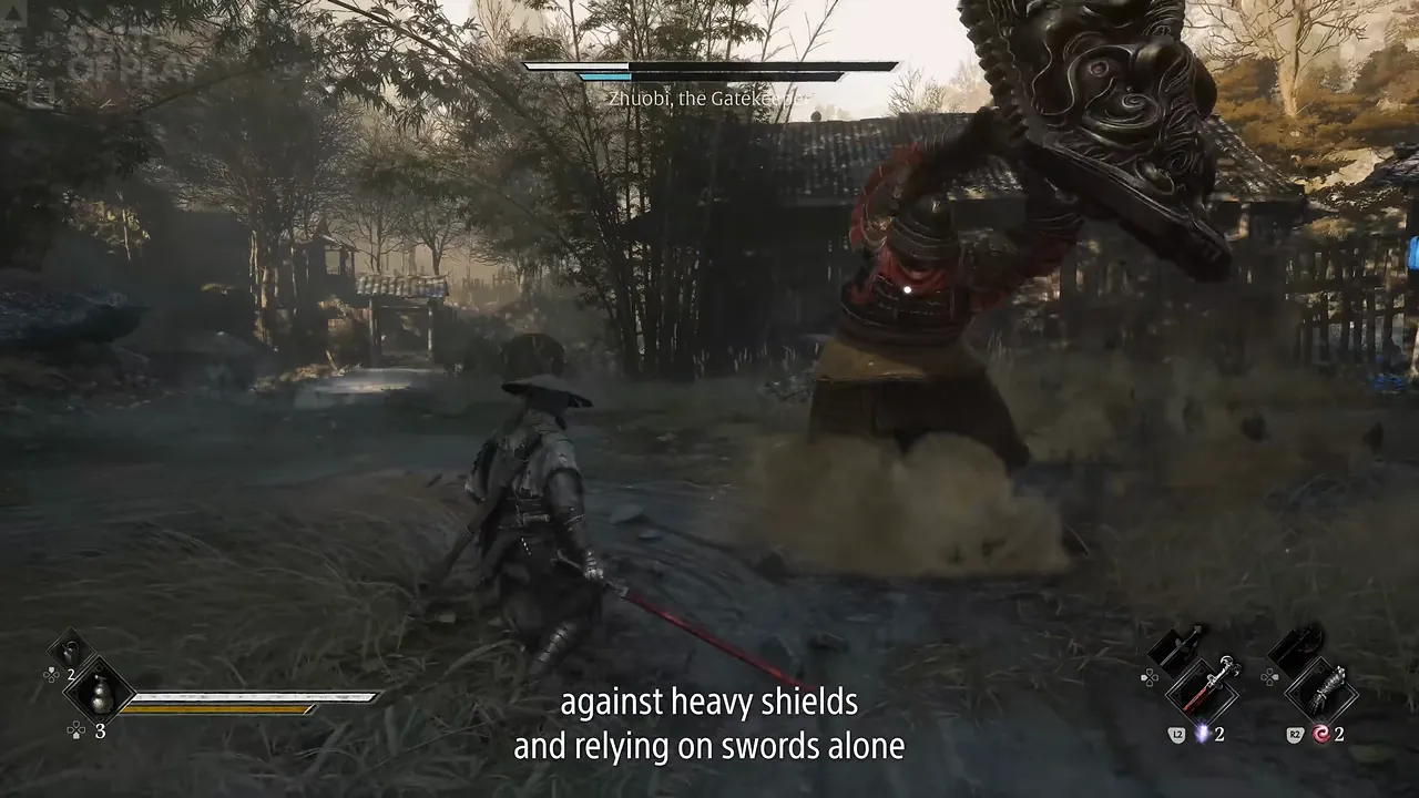 A huge beast-faced shield raised over a fighter in a wooded yard.