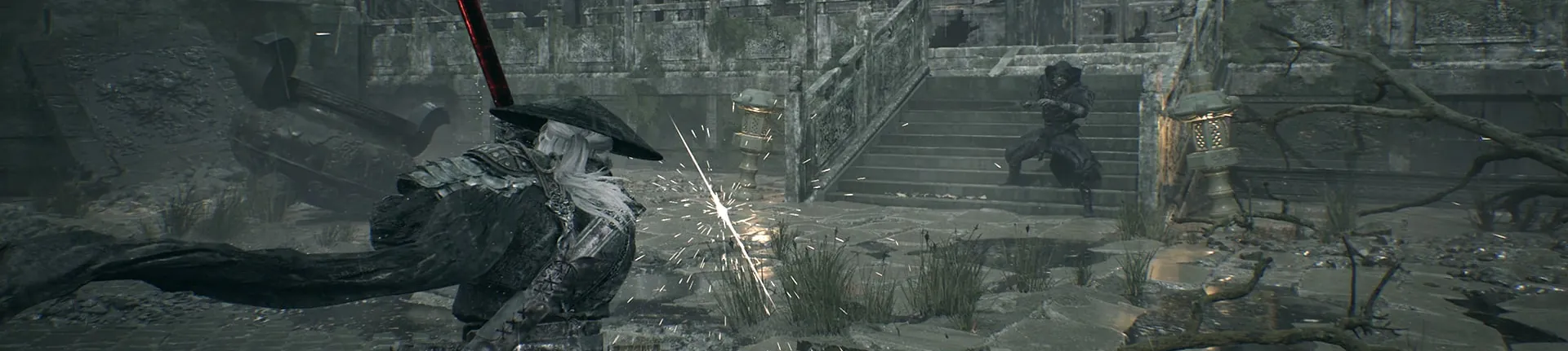 A white-haired figure in a straw hat swings a long dark blade in a temple courtyard; sparks fly.