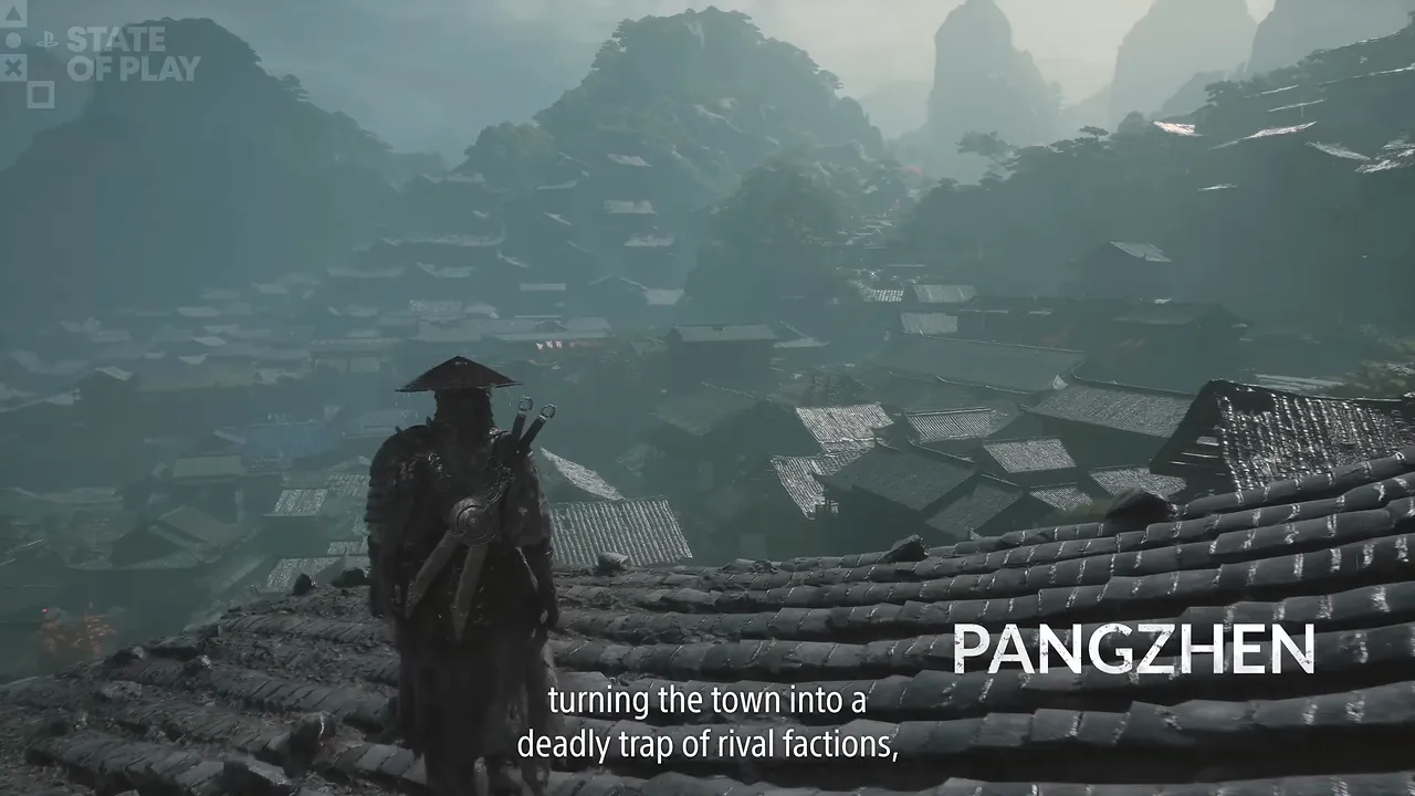 A figure in a straw hat stands on a tiled roof above a valley town; the name PANGZHEN is on screen.