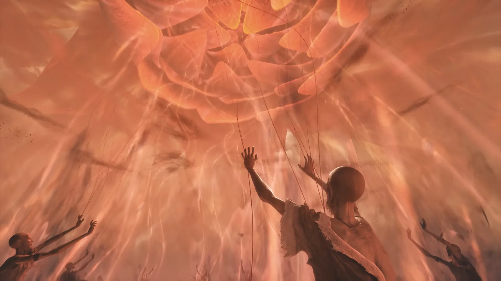 Looking up into a huge pink layered shape; small figures reach up towards it.