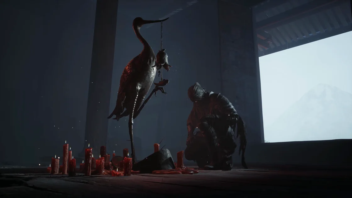 A grey-haired figure stands by a crane-shaped stand; red candles on the floor.