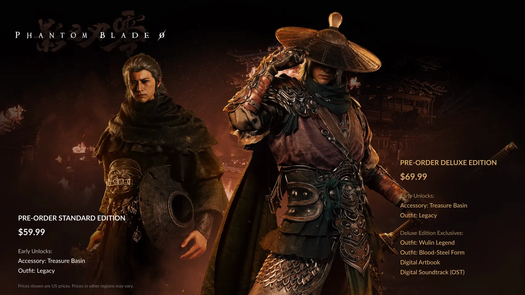 Two characters stand side by side between two columns of edition names and prices.
