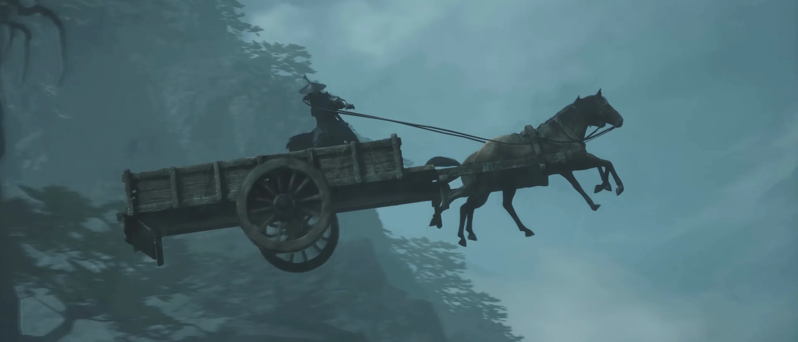 Two horses and a wooden cart in the air above a misty valley, the wheels off the ground.