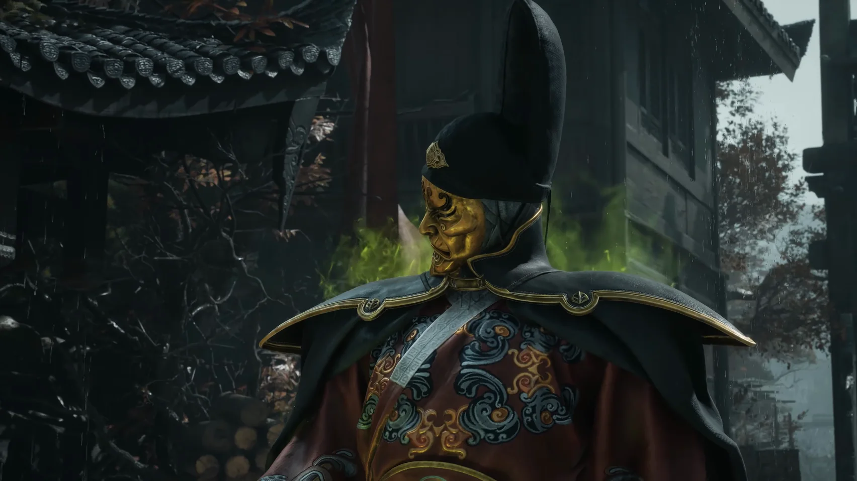 A figure in a tall hat and a gold mask in front of a tiled gatehouse.