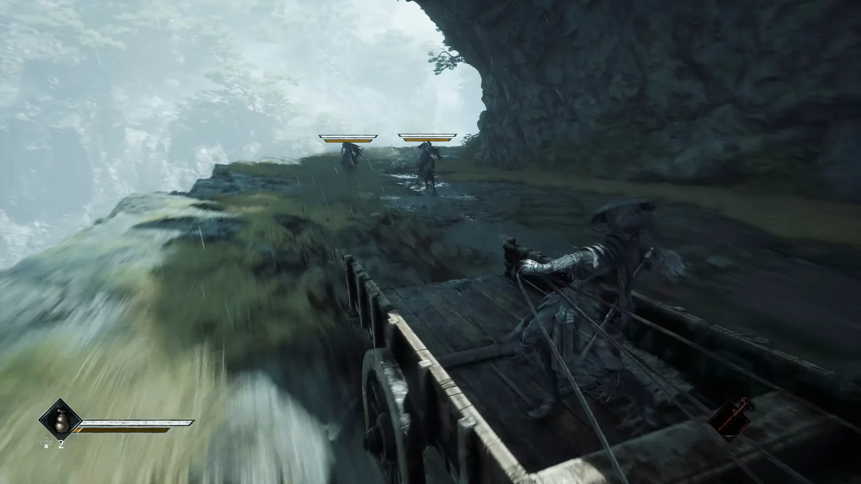 The cart races forward with two riders far ahead, short bars floating over them.