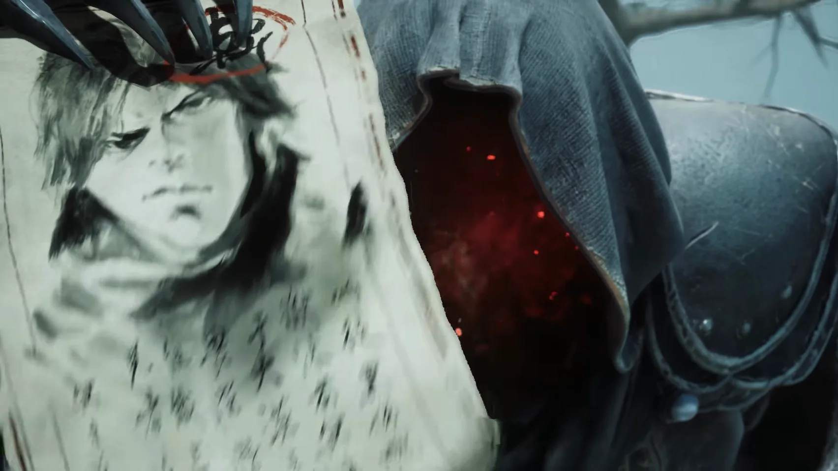 A hooded figure in grey armour beside a sheet with an ink drawing of a face.