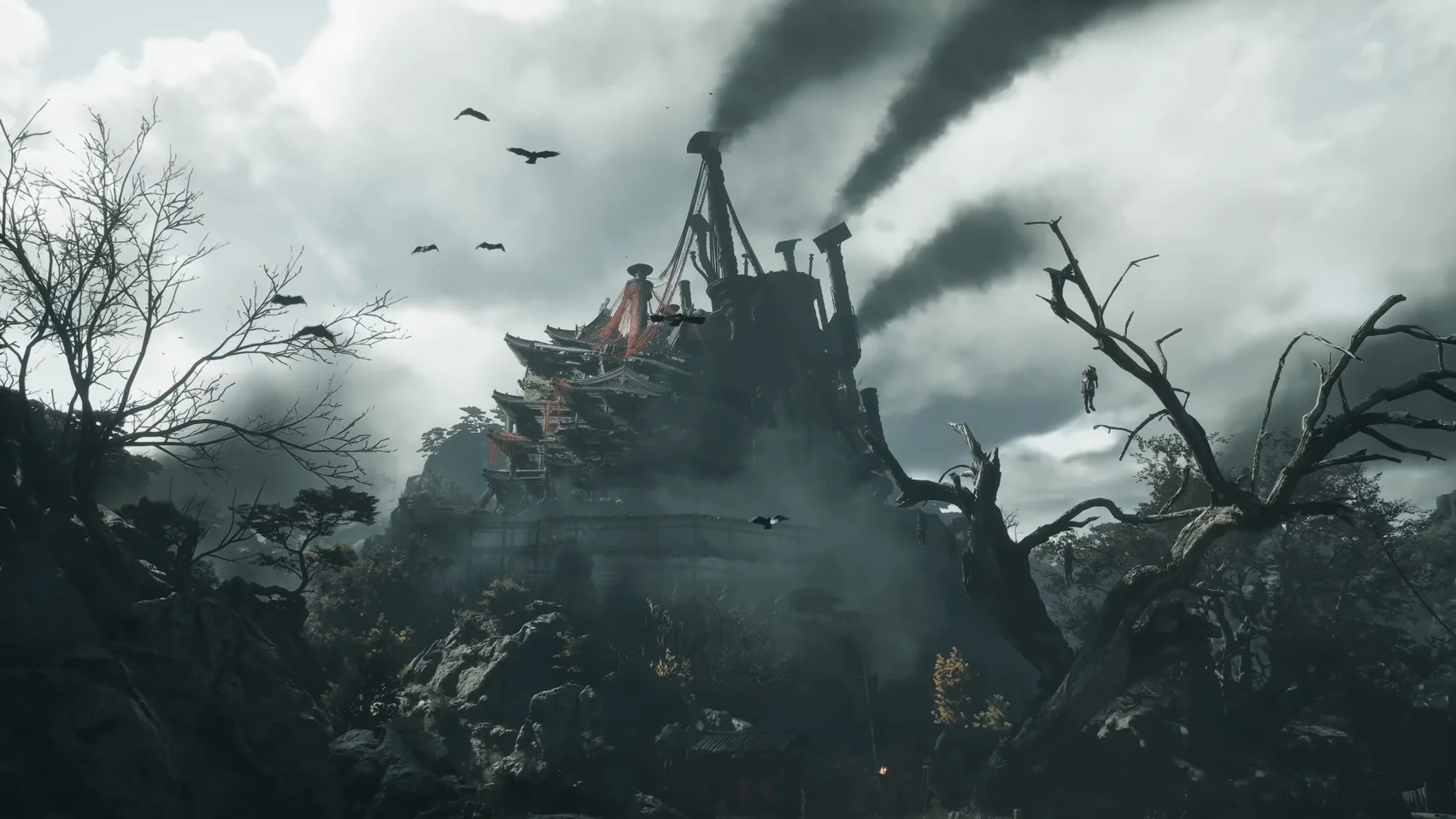 A wooden building on a hilltop pours black smoke; birds in the sky.