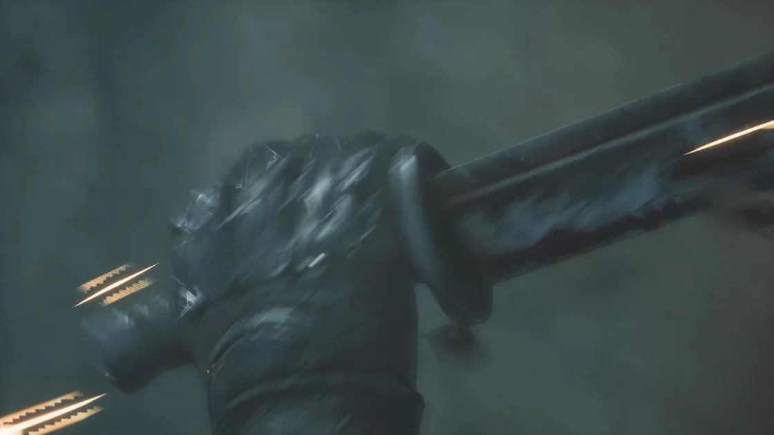 A gauntleted hand on a sword hilt; the blade scrapes rock, throwing orange sparks.