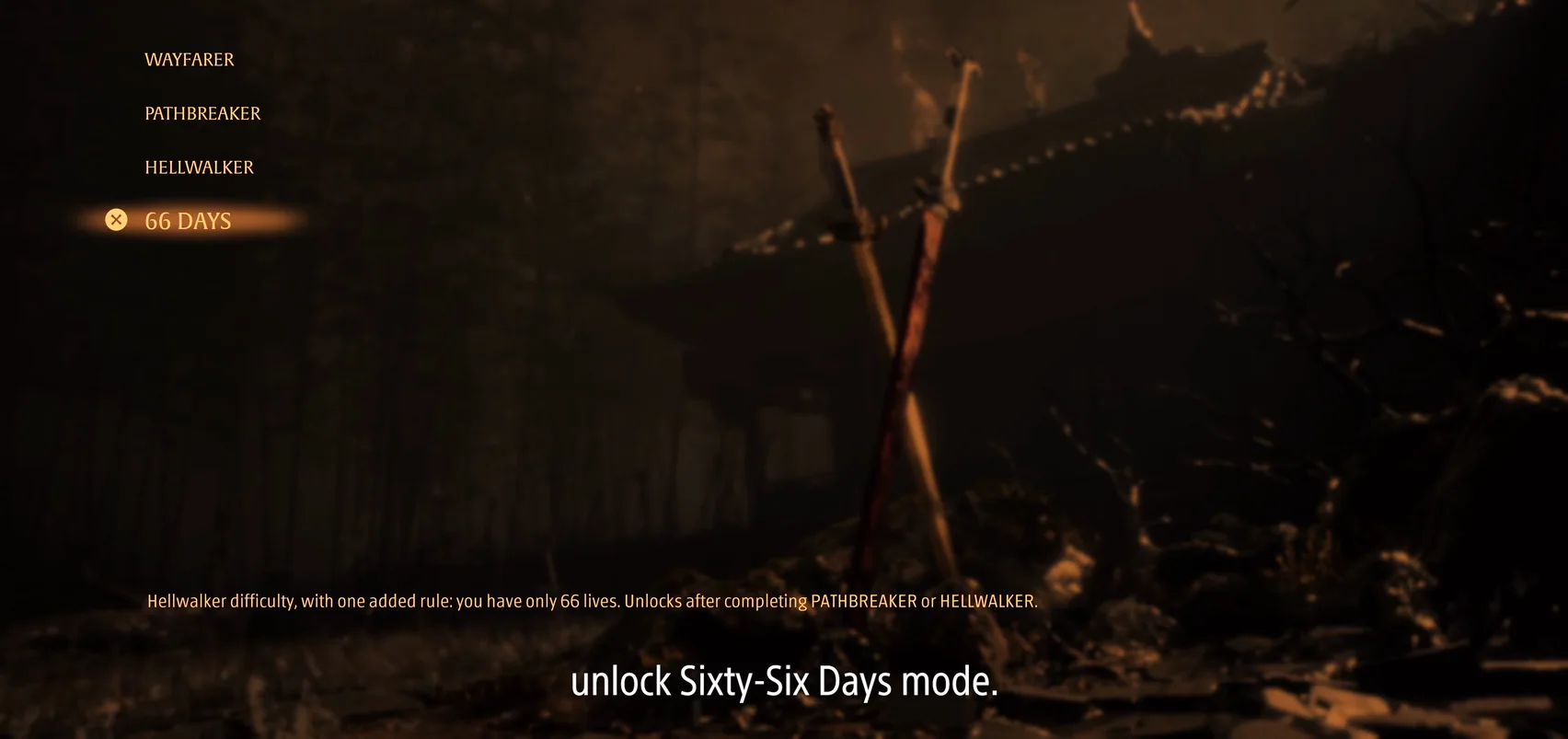 The difficulty menu over an orange sky, 66 DAYS highlighted, a line of orange text below.