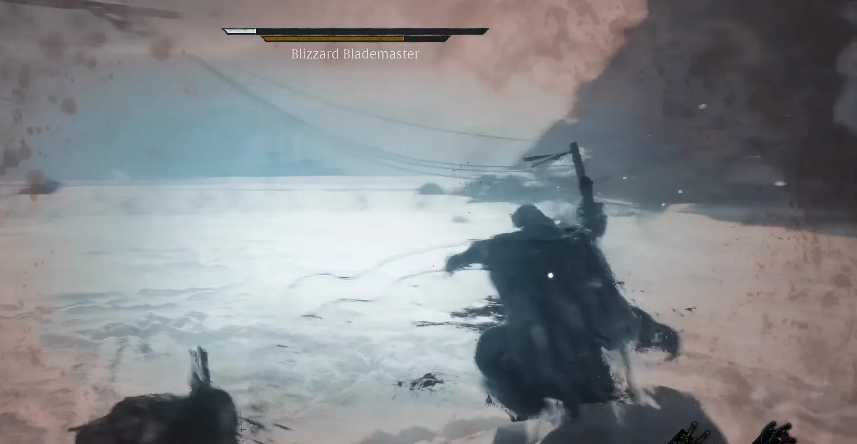 On a snowfield a dark figure lunges with a raised blade; another figure at the lower left; the corners are tinted red.
