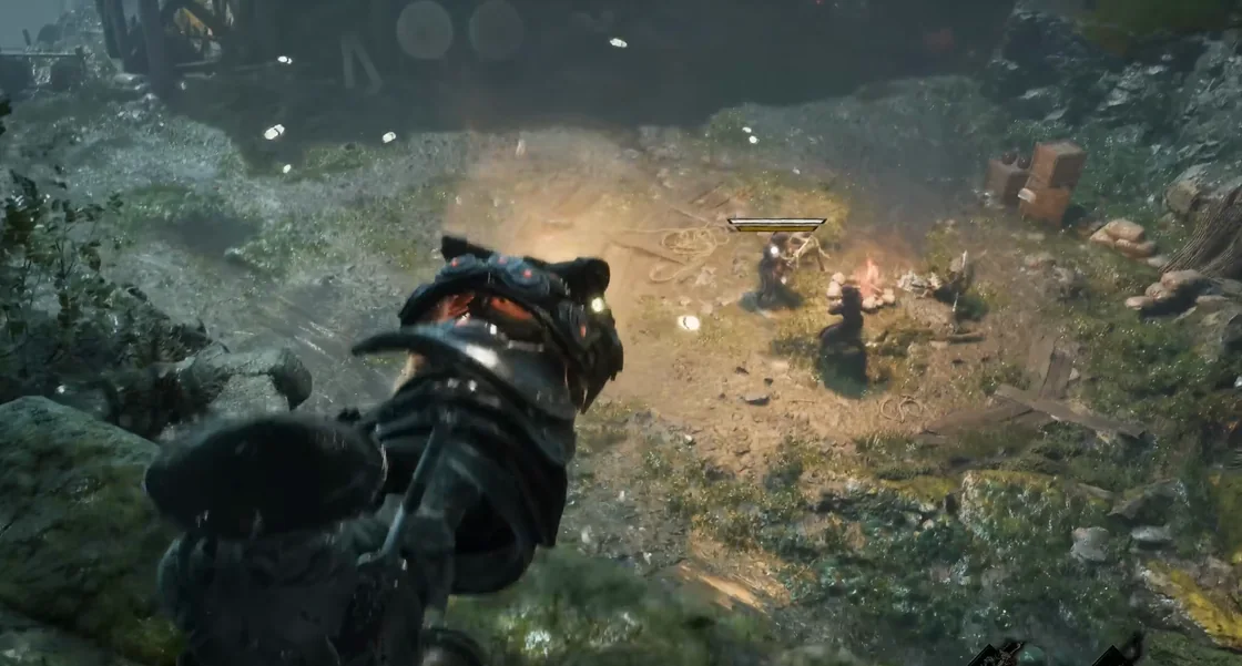 In the foreground a figure holds a tube-shaped weapon with a beast-head muzzle; figures and a fire on the slope ahead.