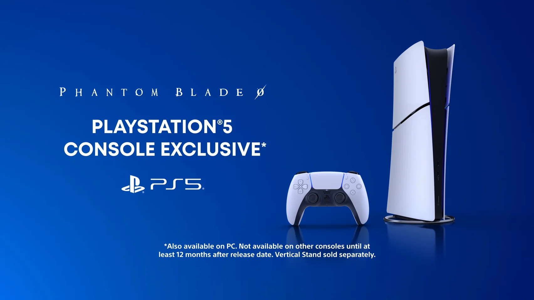 A blue end card with a console and controller at the right and text at the left.