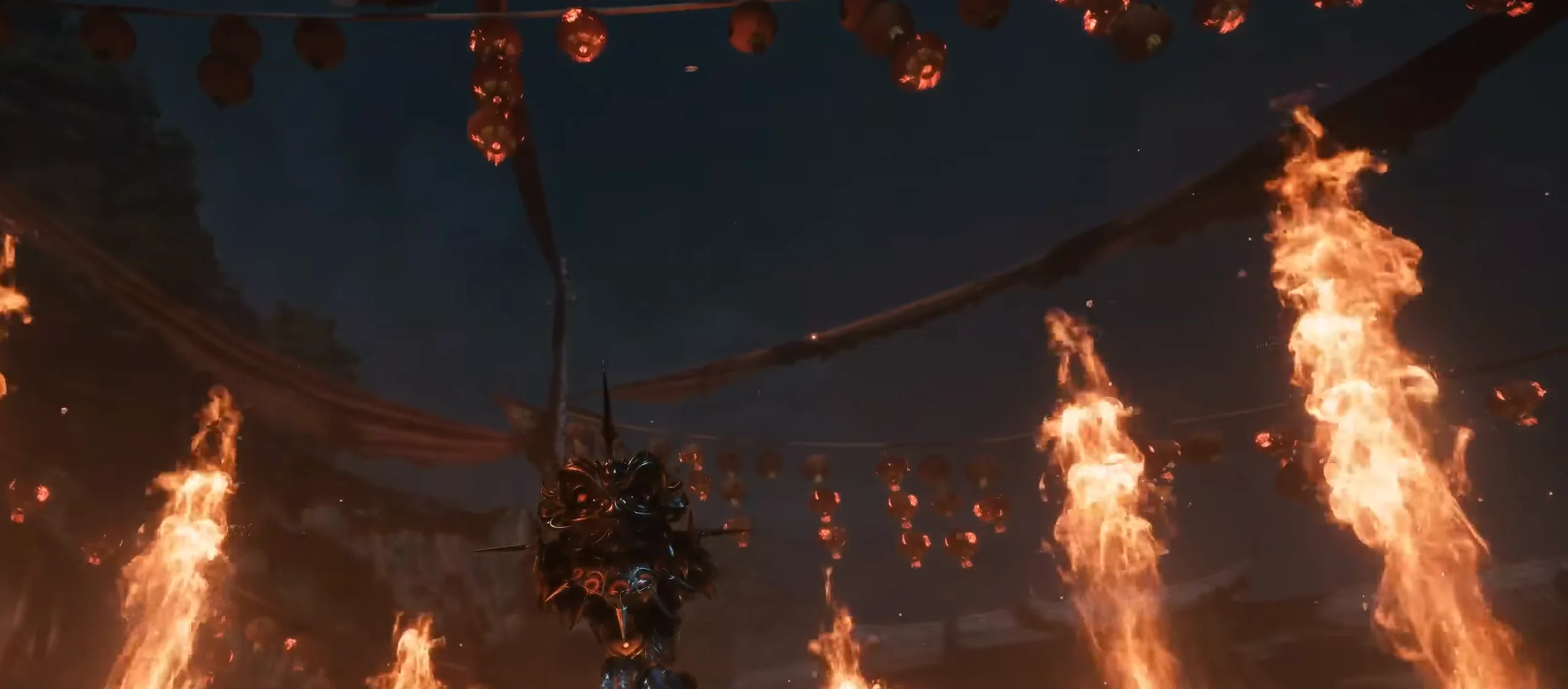 Columns of fire rise from the ground on both sides of a lion-masked figure under red lanterns.