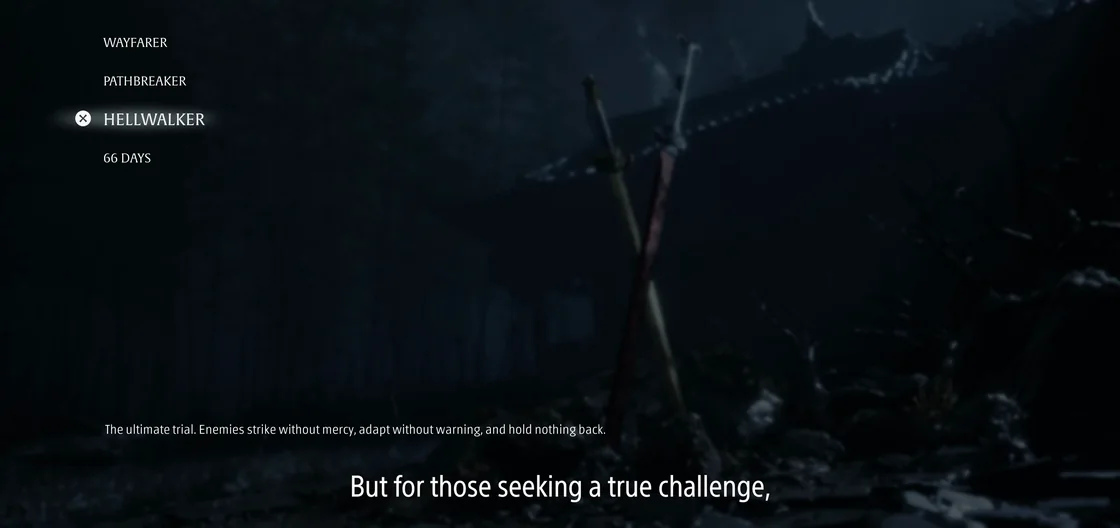 The same menu with HELLWALKER highlighted, over a dark scene.