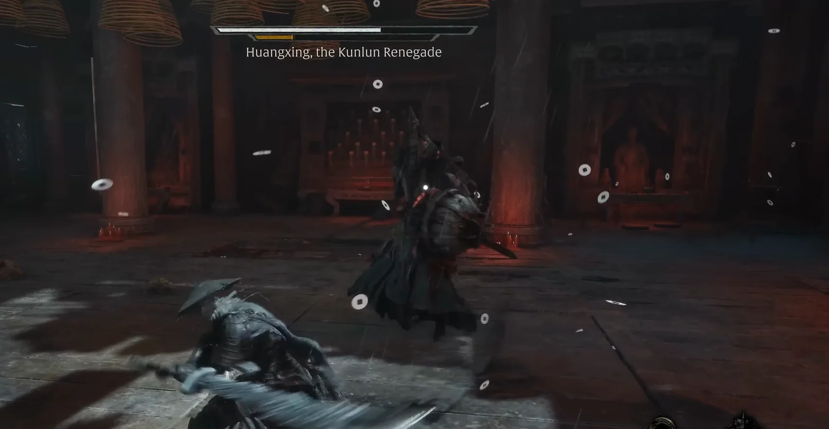 In a hall of red pillars a figure in a straw hat fights an armoured figure among flying white rings; a name plate at the top.