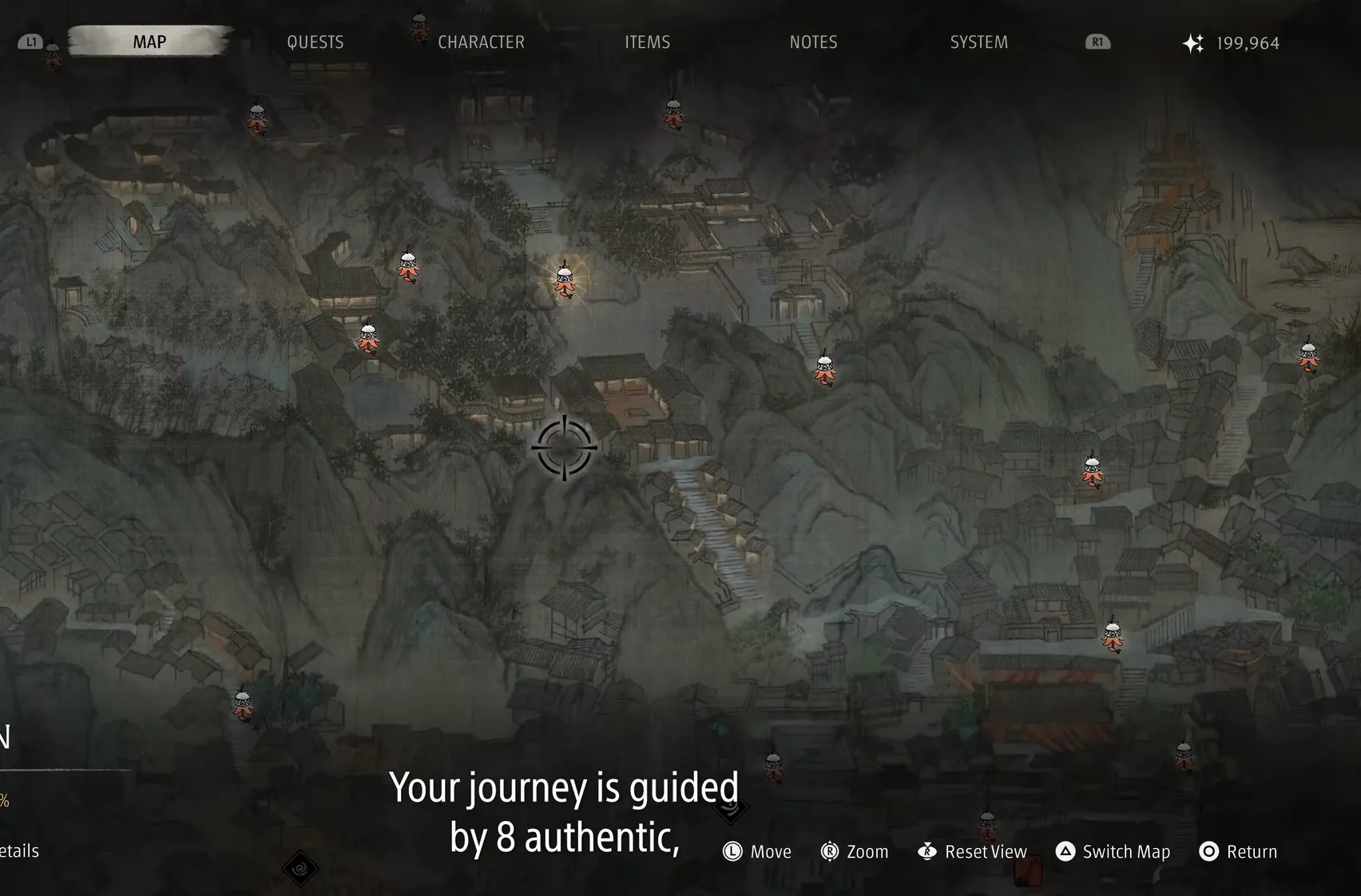 A hand-drawn map screen of a town, with menu tabs at the top.