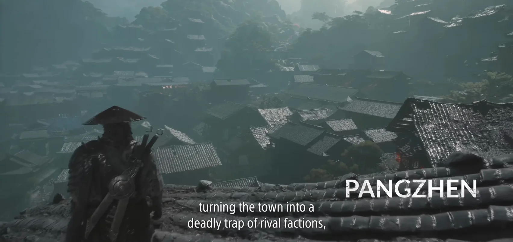 A figure in a straw hat stands on a tiled roof above a town in mist; a place name at the right.