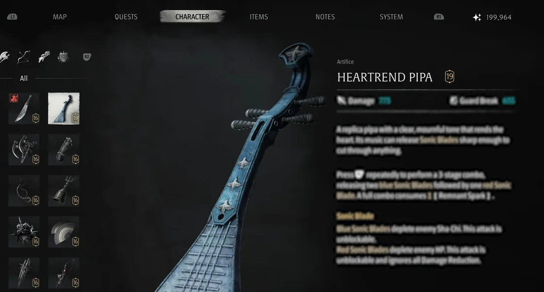 The same menu showing a long-necked blue string instrument.